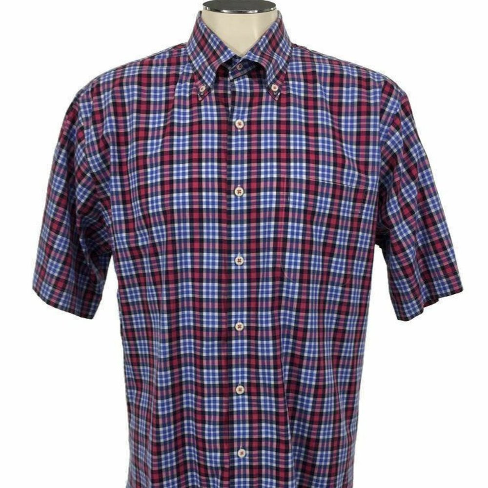Peter Millar Button Shirt‎ L Red Blue White Plaid Short Sleeve Golf Mens